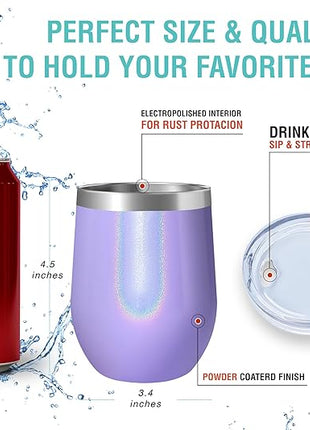 CHILLOUT LIFE 12 oz Stainless Steel Wine Tumblers 2 Pack - Double Wall Vacuum Insulated Wine Glasses Cups with Lids and Straws Set Keeping Cold & Hot for Coffee, Beer, Ice Cream - Purple Sparkle