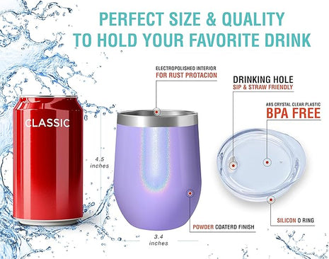 CHILLOUT LIFE 12 oz Stainless Steel Wine Tumblers 2 Pack - Double Wall Vacuum Insulated Wine Glasses Cups with Lids and Straws Set Keeping Cold & Hot for Coffee, Beer, Ice Cream - Purple Sparkle