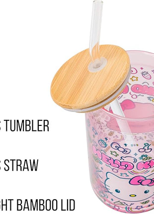 Silver Buffalo Sanrio Hello Kitty Neon Fruits Rainbows and Hearts Pattern Glass Jar Tumbler with Bamboo Lid and Glass Straw, 16 Ounces