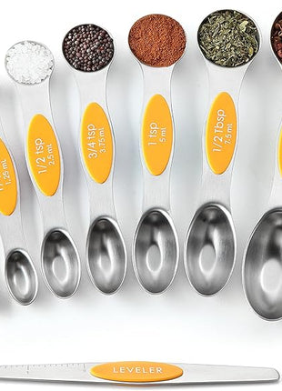 Spring Chef Stainless Steel Magnetic Measuring Spoons Set of 8 with Leveler, Dual Sided Metal Teaspoon & Tablespoon Measuring Spoons, Kitchen Gadgets for Baking & Cooking, Fits in Spice Jars - Mango