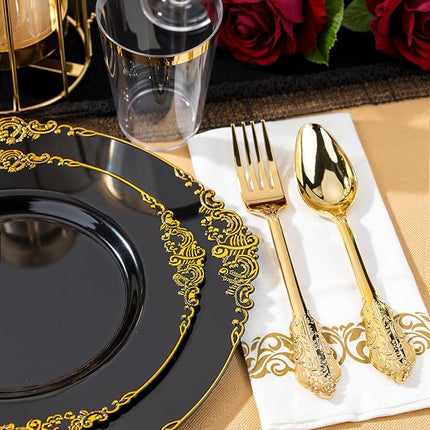Nervure 350PCS Black Plastic Plates - Black Plastic Dinnerware Sets for 50 Guests - 100 Disposable Plates, 150 Gold Silverware, 50 Cups, 50 Napkins for Wedding & Party & New Year