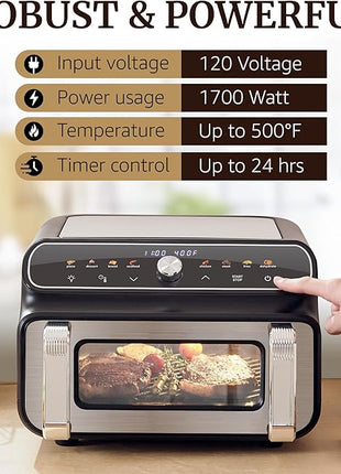 Elite Gourmet EAF2411G Digital Indoor Grill/Air Fryer Oven, 11L Capacity, Grill Rack, 8 Presets, Bake, Roast, Broil, Dehydrate, 1700-Watts, 25 Delicious Recipes, Stainless-Steel/Black