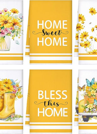 Boyiee Set of 6 Yellow Flower Kitchen Towels Decorative Floral Tea Towels Absorbent Home Dish Towels 24 x 16 Inch Truck Reusable Hand Towel Housewarming Gift for Farmhouse Kitchen Bathroom Decoration