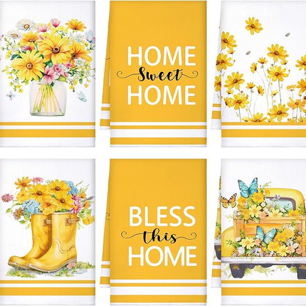 Boyiee Set of 6 Yellow Flower Kitchen Towels Decorative Floral Tea Towels Absorbent Home Dish Towels 24 x 16 Inch Truck Reusable Hand Towel Housewarming Gift for Farmhouse Kitchen Bathroom Decoration
