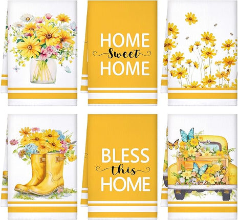 Boyiee Set of 6 Yellow Flower Kitchen Towels Decorative Floral Tea Towels Absorbent Home Dish Towels 24 x 16 Inch Truck Reusable Hand Towel Housewarming Gift for Farmhouse Kitchen Bathroom Decoration