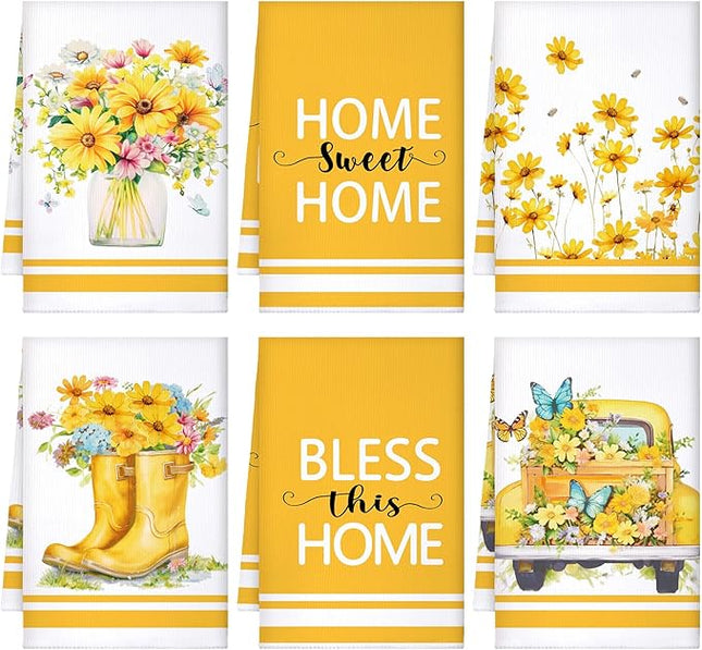 Boyiee Set of 6 Yellow Flower Kitchen Towels Decorative Floral Tea Towels Absorbent Home Dish Towels 24 x 16 Inch Truck Reusable Hand Towel Housewarming Gift for Farmhouse Kitchen Bathroom Decoration