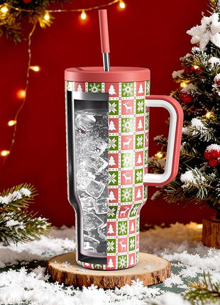 Meoky 40 oz Christmas Tumbler with Handle and Straw, Xmas Tumbler with Lid and Straw, Insulated Stainless Steel Travel Mug, Christmas Gifts for Women Men Adults (Ho Ho Reindeer)