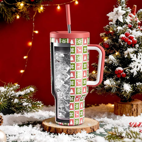 Meoky 40 oz Christmas Tumbler with Handle and Straw, Xmas Tumbler with Lid and Straw, Insulated Stainless Steel Travel Mug, Christmas Gifts for Women Men Adults (Ho Ho Reindeer)