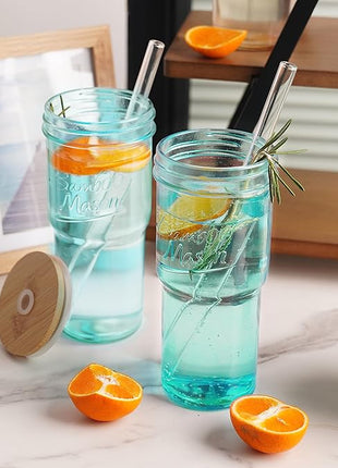 ANOTION Colored Glass Cups with Lids and Straws - 24oz Travel Coffee Mug Wide Mouth Mason Jar Iced Coffee Cup Smoothie Cup Glass Tumbler Tea Cup Clear Cute Water Cups Colorful Drinking Glasses