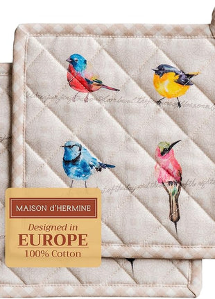 Maison d' Hermine Pot Holders set 100% Cotton Heat Resistant Potholders 8" x 8" Hot Pads with Loop BBQ, Cooking, Baking, Grilling, Kitchen, Handling Hot Pans Spring/Summer (Pack of 2, Birdies On Wire)