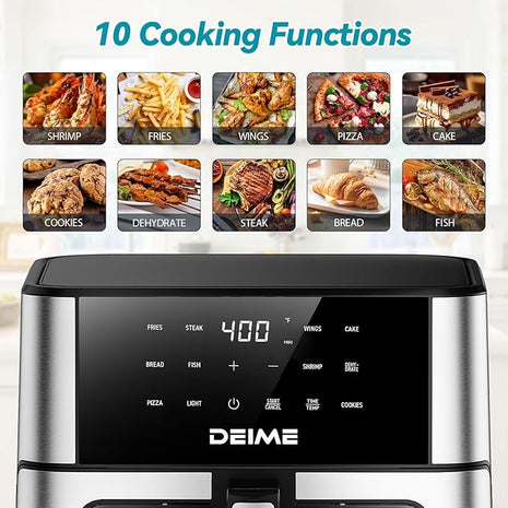 DEIME Air Fryer 10.2 QT Oilless 1700W Large Capacity Oven Air Fryers Healthy Cooker with 10 Preset, Large AirFryer for Families Visual Cooking Window, Non-Stick Basket, Included Recipe