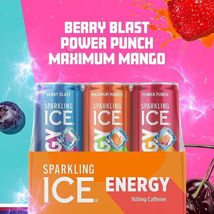 Sparkling Ice Energy Variety 12Pk. Energy Drinks with Vitamins + Antioxidants, Zero Sugar, Berry Blast, Maximum Mango, Power Punch flavors. 12 fl oz cans.