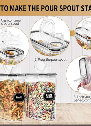 PRAKI Cereal Containers Storage Set (4L,135.2 Oz), 4PCS Airtight Food Storage Containers with Pour Spout for Kitchen & Pantry Organization Cereal Dispensers with 20 labels, Measuring Cup & Marker
