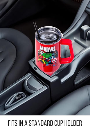Silver Buffalo Marvel Avengers Stainless Steel Tumbler with Handle and Straw Featuring Captain America, Thor, Hulk, Iron Man, Black Widow, and Spiderman, Fits in Standard Cup Holder, 40 Ounces