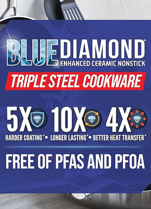 Blue Diamond 11 Piece Cookware Set, Stainless Steel Tri-Ply, Induction Compatible, Diamond Infused Ceramic Nonstick, PFOA and PFAS Free, Dishwasher Safe, Metal Utensil Safe, Scratch Resistant, Silver