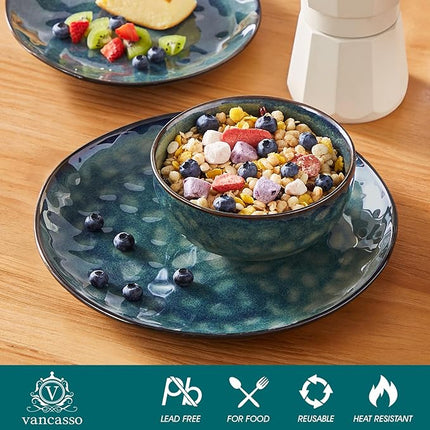 vancasso Starry Dinnerware Set for 4, Handmade Reactive Glaze Stoneware 12 Pieces Plates and Bowls Sets, Dishwasher and Microwave Safe Dish Set, Green