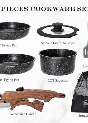 Kitchen Academy Removable Handle Induction Pots and Pans Set - 10 Piece Non-stick Cookware Sets, Black Granite Stackable RV Cookware for Camp