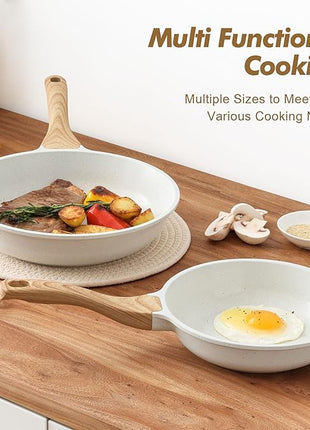 SENSARTE Nonstick Frying Pan Skillets, White Ceramic Coating Omelette Pans, Healthy Cookware Chef's Pan, Free of PTFE & PFAS (8+10 Inch)