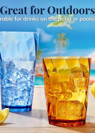 US Acrylic Optix Plastic Reusable Drinking Glasses (Set of 16) 14oz Rocks & 20oz Water Cups in Jewel Tone Colors | BPA-Free Tumblers, Made in USA | Top-Rack Dishwasher Safe