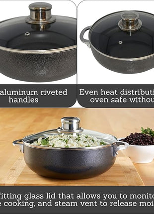 IMUSA 3.2qt Charcoal Aluminum Nonstick Caldero with Glass Lid, Black