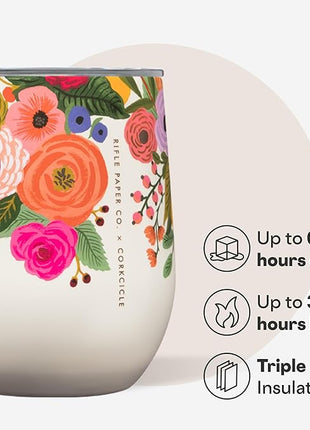 Corkcicle Stemless Insulated Wine Glass Tumbler - Keeps Beverages Cold 6 Hrs Hot 3 Hrs - Stainless Steel - Easy-Grip - Summer Drinkware Gift - Keeps Drinks Ice Cold - 12 oz - Garden Party