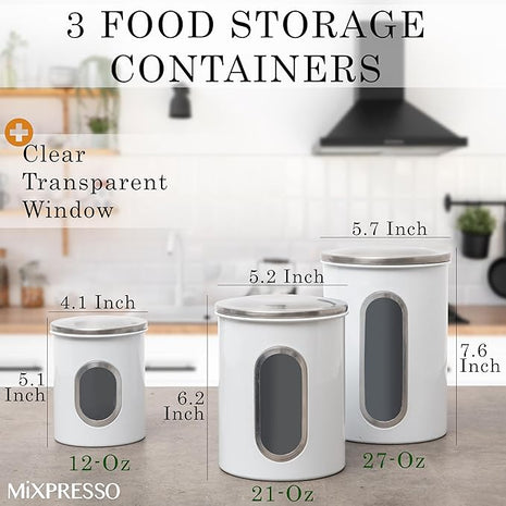 Mixpresso 3-Piece White Canisters Sets For The Kitchen, Airtight Canister Set With See Through Window, Storage Jars for Coffee Container, Tea Organizer & Sugar Canister, White Kitchen Canisters