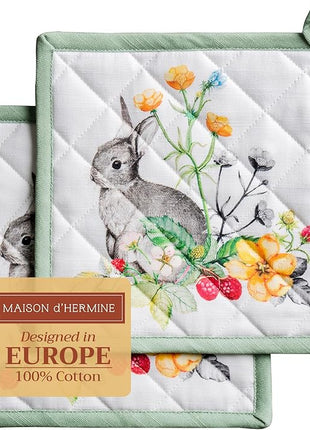 Maison d' Hermine Pot Holders Set 100% Cotton Heat Resistant Potholders 8" x 8" Hot Pads with Loop BBQ, Cooking, Baking, Grilling, Kitchen, Handling Hot Pans Spring/Summer (Pack of 2, Printemps)