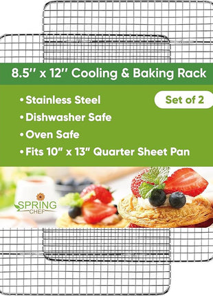 Spring Chef 8.5" x 12" Stainless Steel Cooling Racks, Wire Rack for Baking Sheet - Fits Small Quarter Sheet Pan - Perfect for Cooking, Baking, Grilling, Smoking - Dishwasher Safe - Set of 2