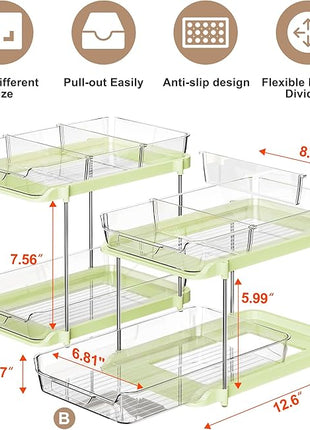 Delamu 2-Tier Multi-Purpose Bathroom Under Sink Organizers and Storage, Stackable Kitchen Pantry Organization, Pull Out Medicine Cabinet Organizer with Movable Dividers, Green, 2 Pack