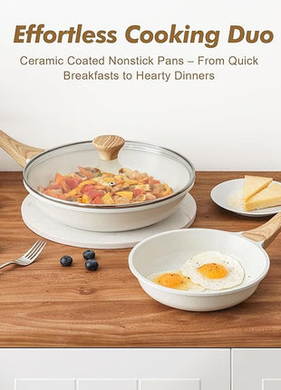 SENSARTE Nonstick Frying Pan Skillets, White Ceramic Coating Omelette Pans, Healthy Cookware Chef's Pan, Free of PTFE & PFAS (8+11Inch with Lid)