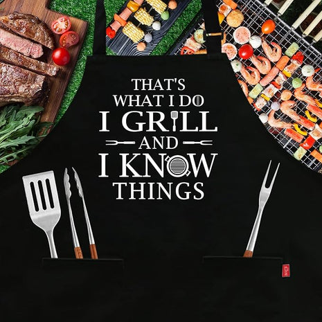 Funny Grilling Aprons for Men - BBQ Cooking Apron with 2 Pockets, Adjustable Neck Strap and 40" Long Ties - That's What I Do I Grill and I Know Things