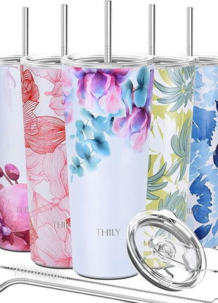 THILY Stainless Steel Vacuum Insulated Tumbler Travel Mug 26 oz Coffee Cup with 2 Lids and Straws, Splash Proof, Keep Ice Drinks Cold, Pink Lilies