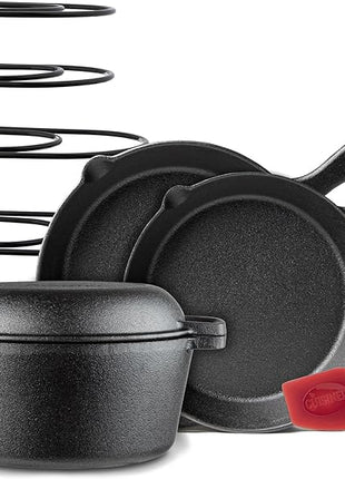 Cuisinel Cast Iron Cookware 8-Pc Set - 10" + 12" Skillet + 5-Quart Dutch Oven+ Panrack Organizer + Silicone Handle Covers + Scraper/Cleaner- Pre-Seasoned Chef's Essentials Kit - Grill, Indoor/Outdoor