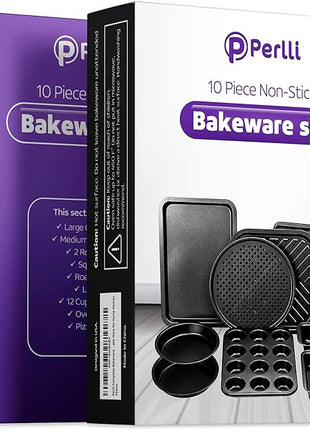 Perlli Baking Pan 10 Piece Set Nonstick Carbon Steel Gray Oven Bakeware Kitchen Set, 2 Cookie Sheets, 2 Round Cake Pans, Square Pan, Roasting Pan, Loaf Pan, Crisp Pan, Pizza Crisper, & Muffin Pan