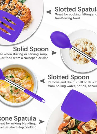 Silicone Spatula Spoon Set, 4 PCS Silicone Cooking Utensils Spatula Spoon Set with Stainless Steel Handle, BPA Free Kitchen Turners for Frying, Mixing, Serving, Draining, Turning, Stirring, Purple