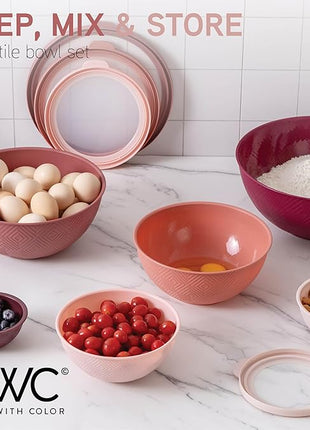 COOK WITH COLOR Mixing Bowls with Lids - 12 Piece Plastic Nesting Bowls Set includes 6 Prep Bowls and 6 Lids, Rhombus Design - Microwave Safe (Rose)