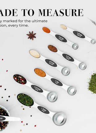 Stanless Steel Magnetic Measuring Spoons Set with Leveler - 8-Piece Heavy Duty Metal, Dual Sided, Stackable, BPA Free, Stainless Steel Measuring Spoons for Dry & Liquid Ingredient - Fits in Spice Jars