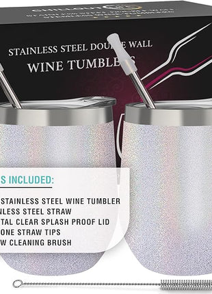 CHILLOUT LIFE 12 oz Stainless Steel Wine Tumblers 2 Pack - Double Wall Vacuum Insulated Wine Glasses Cups with Lids and Straws Set Keeping Cold & Hot for Coffee, Beer, Ice Cream - Holographic Glitter