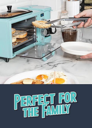 Nostalgia 3-in-1 Retro Breakfast Station - Includes 5 Cup Coffee Maker, Non-Stick Ceramic Griddle, and 4-Slice Toaster Oven - Built-In Timer, Reusable Coffee Filter, Space-Saving Design - Aqua