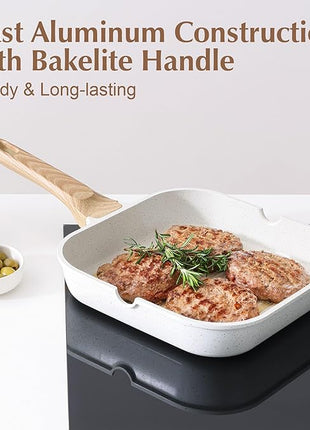 SENSARTE Nonstick Ceramic Grill Pan for Stove Tops, Versatile Square Grilling Pan with Pour Spouts, Durable Grill Skillet for All Stoves(Gas,Electric,Induction) Non Toxic-PTFE,PFAS,PFOA Free, 9.5Inch