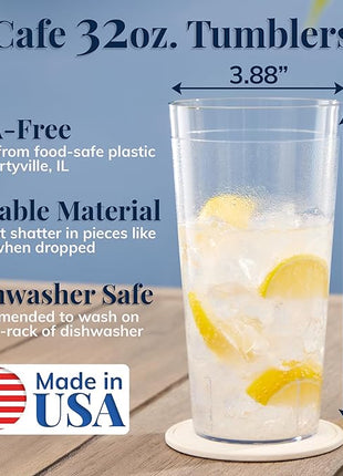 US Acrylic Café Plastic Reusable Tumblers (Set of 12) 32-ounce Iced-Tea Cups Clear | Value Set of Restaurant Style Drinking Glasses, Stackable, BPA-free, Made in the USA | Top-rack Dishwasher Safe