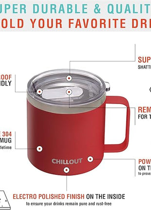 CHILLOUT LIFE Stainless Steel 16 oz Vacuum Insulated Coffee Mug with Handle and Lid, Large Thermal Camping Coffee Mug Cup with Durable Sliding Lid for Men & Women, Keeps your Beverages Hot & Cold