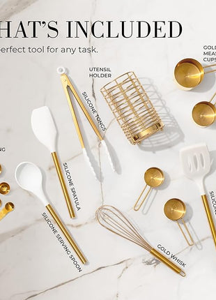 Styled Settings White and Gold Cooking Utensils Set with Holder - 15-Piece Silicone Cooking Tools with Utensil Holder, Measuring Cups, and Spoons - Elegant White and Gold Kitchen Accessories