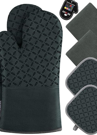 KEGOUU Oven Mitts and Pot Holders 6pcs Set, Kitchen Oven Glove High Heat Resistant 500 Degree Extra Long Oven Mitts and Potholder with Non-Slip Silicone Surface for Cooking (Deep Green)