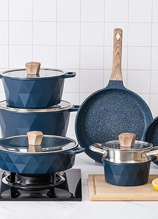 Country Kitchen Non-Stick Cast Aluminum Cookware Set - Durable Kitchen Cookware for Everyday Cooking, Navy Diamond, 11 Pc.