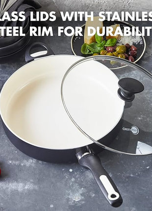 GreenPan Rio Healthy Ceramic Nonstick 5QT Saute Pan Jumbo Cooker with Helper Handle and Lid, PFAS-Free, Dishwasher Safe, Black