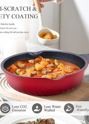 Vinchef Nonstick Skillet with Lid, 11In/5Qt Aluminum Deep Frying Pan with Lid and Heat Indicator, Anti Scratch and Anti Stain Deep Saute Pan, Induction Compatible