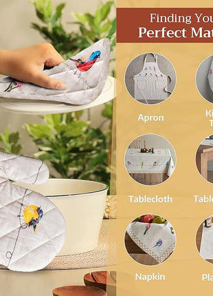 Maison d' Hermine 100% Cotton Oven Mitt & Pot Holder Set (7.5"x13" & 8"x8") Heat Resistant BBQ Cooking Gloves with Loop, Baking, Grilling, Kitchen, Handling Hot Pans Spring/Summer (Birdies On Wire)