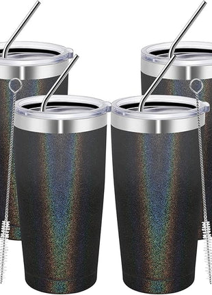 MEWAY 20oz Tumbler 4 Pack Double Wall Vacuum Insulated Travel Glitter Mug Bulk, Stainless Steel Tumblers with Lid and Straw, Powder Coated Coffee Cups for Woman(Gradient Black,Set of 4)