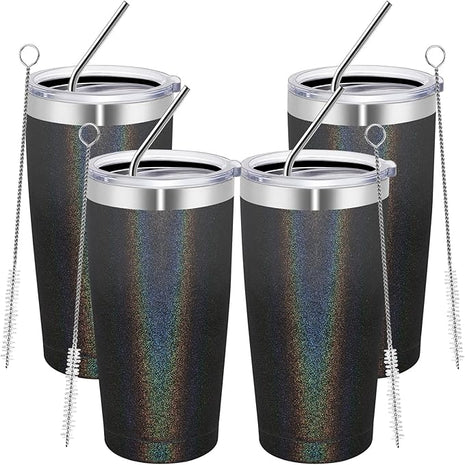 MEWAY 20oz Tumbler 4 Pack Double Wall Vacuum Insulated Travel Glitter Mug Bulk, Stainless Steel Tumblers with Lid and Straw, Powder Coated Coffee Cups for Woman(Gradient Black,Set of 4)